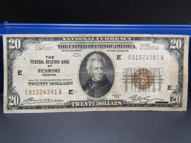 TOUGH 1929 Brown Seal $20 National Currency Note, Federal Reserve Bank of Richmond, VA, Great