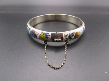 Vintage Sterling Silver Floral Enamel Cloisonne Hinged Bangle Bracelet, 21.7 Grams, Marked Thailand