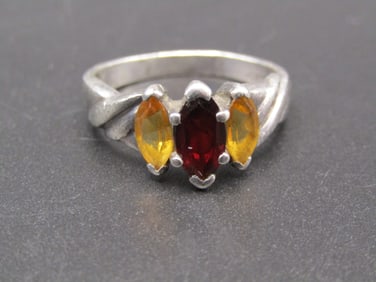 Vintage Sterling Silver Marquise Cut Red and Yellow Triple Stone Ring, Size 10