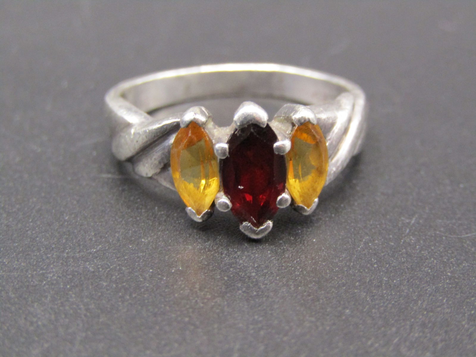 Vintage Sterling Silver Marquise Cut Red and Yellow Triple Stone Ring, Size 10: Vintage Sterling Silver Marquise Cut Red and Yellow Triple Stone Ring, Size 10