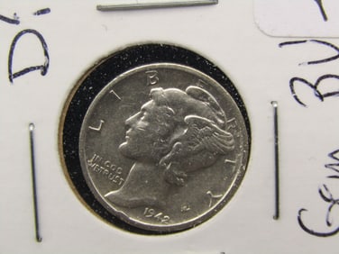 1942-S  Mercury Dime, GEM BU. LUSTROUS. 90% Silver. WWII Era
