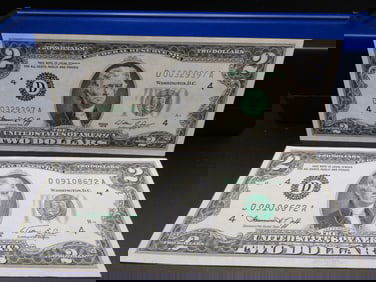 2-1976 Green Seal Bicentennial $2 Notes, GEM CRISP UNC