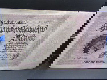 1923 German 100000 Mark Reichsbanknote, Tough Post WWI Currency, GEM CRISP, UNC