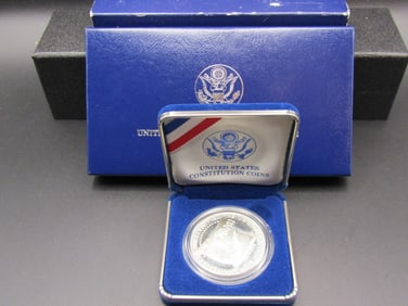 1987-S Proof 90% Silver Dollar - US Mint Constitution Commemorative Silver Dollar. OGP and Coa