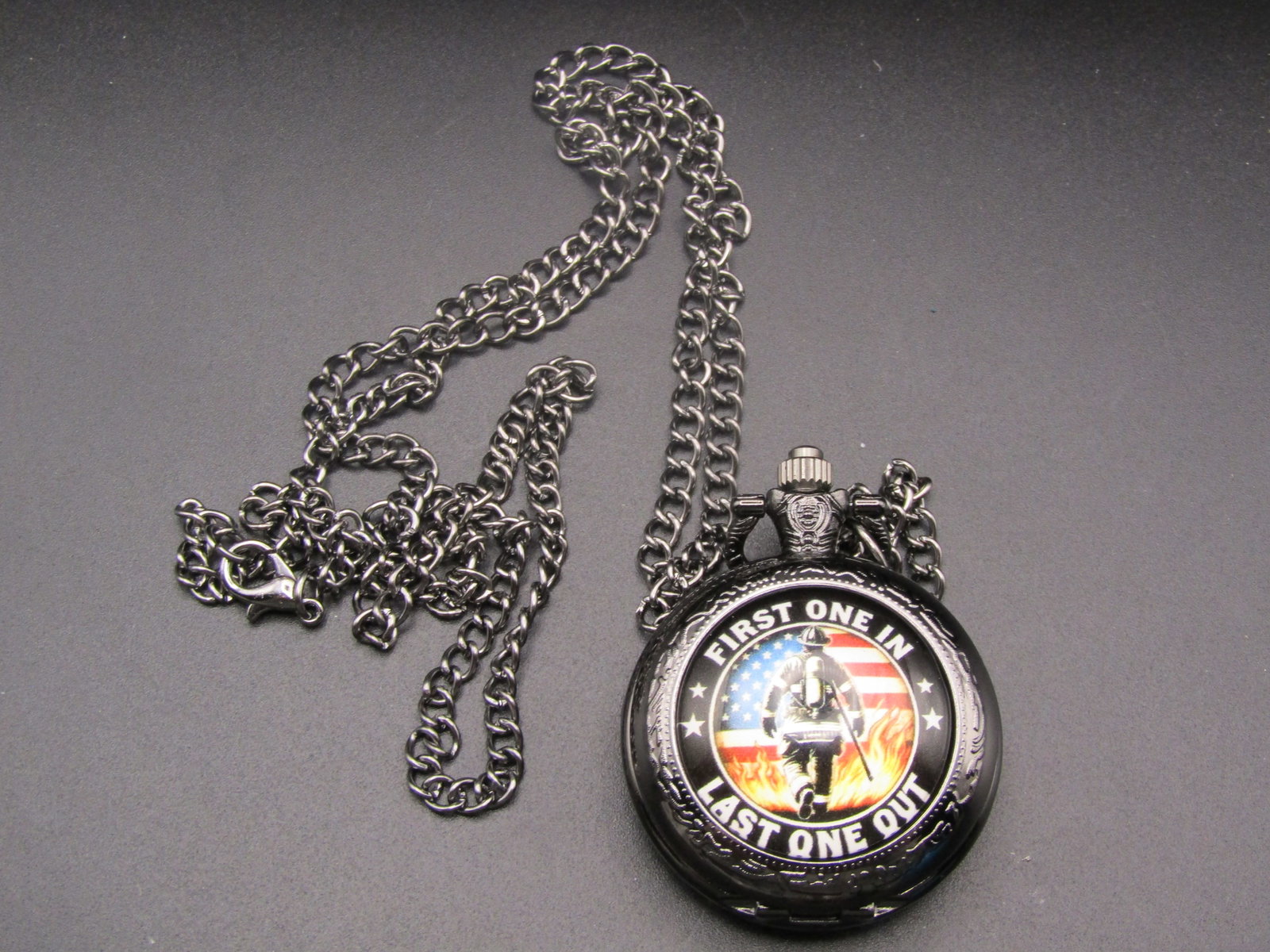 Firefighter Pocket Watch + Chain, First One In Last One Out - Works! (1 of 3)