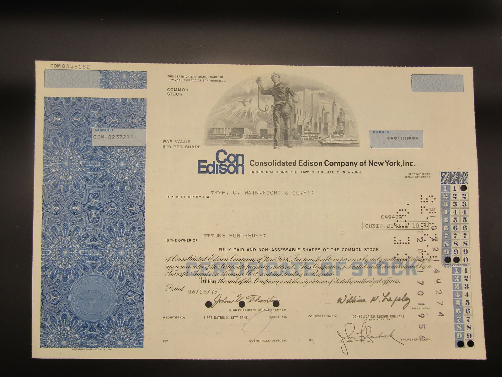 1975 Con Edison New York INC Vintage Stock Certificate (1 of 2)