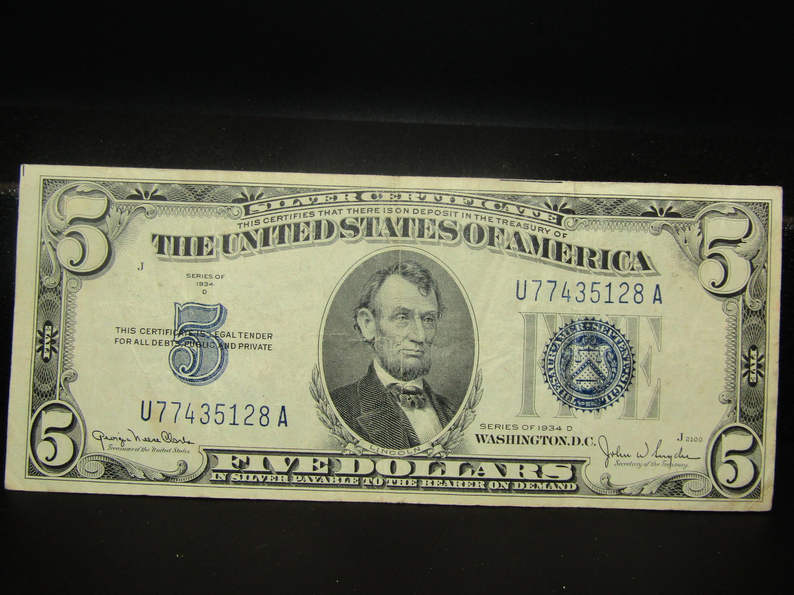 1934-D Blue Seal $5 Silver Certificate, Nice Cond. Tough Depression Era (1 of 3)