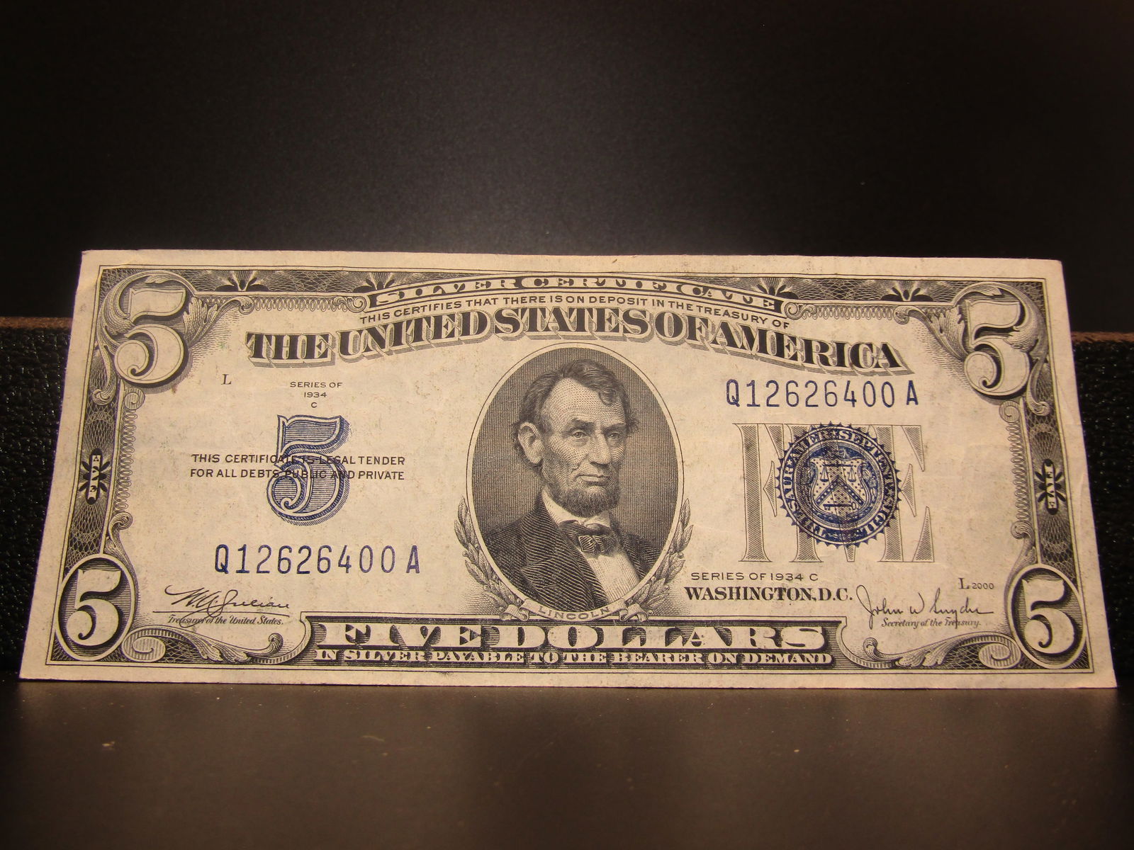 1934-C Blue Seal $5 Silver Certificate, Nice Cond. Tough Depression Era (1 of 3)