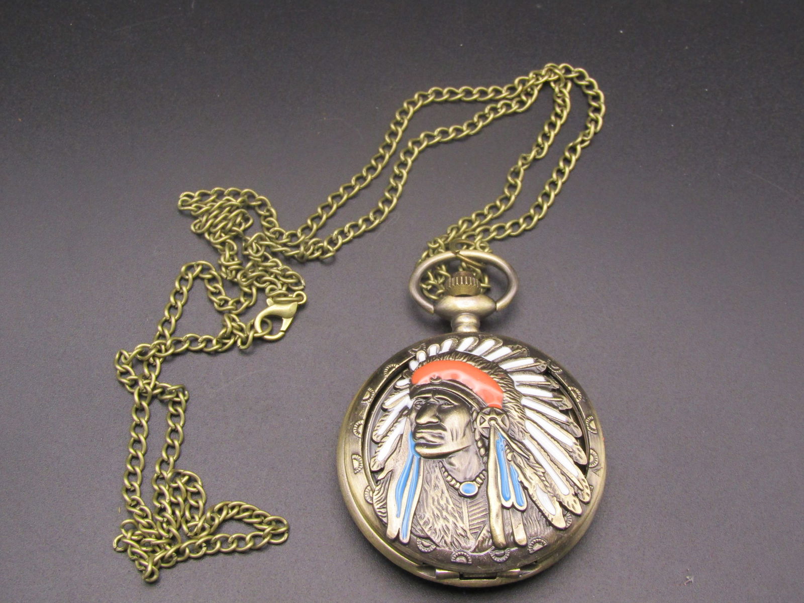 Native American Pocket Watch w/Chain - Working: Native American Pocket Watch w/Chain - Working