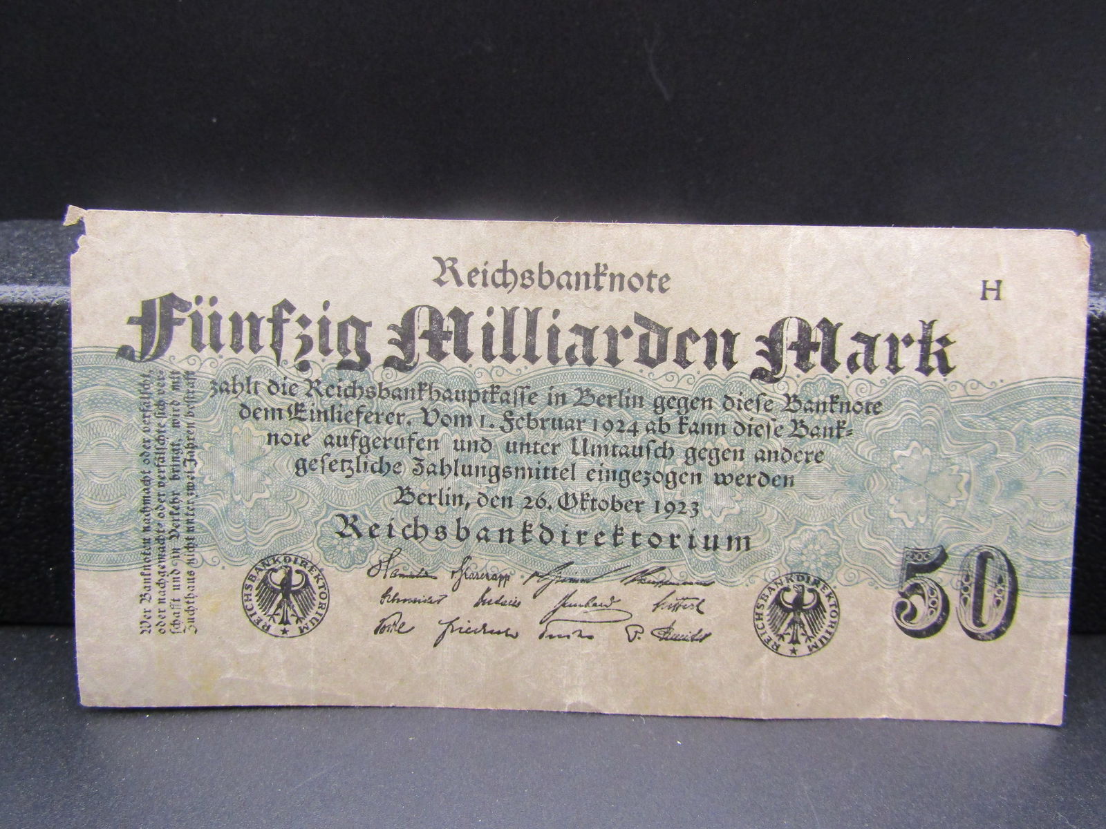 1923 German 50 Milliarden Mark Note; Issued During Hyper Inflation period Post WWI Great Piece of (1 of 2)