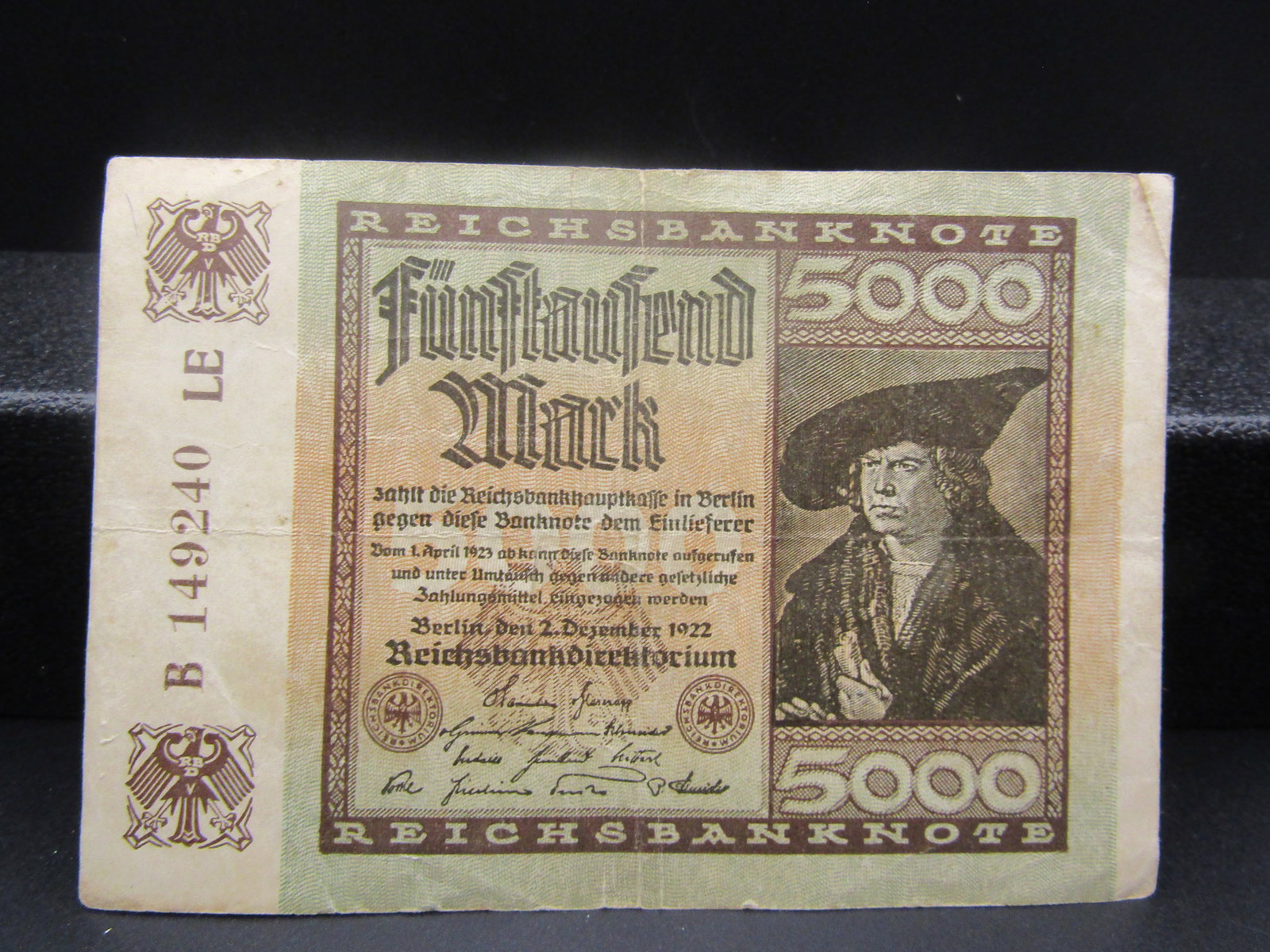 1922 German 5000 Mark Note, Issued During Hyper Inflation period Post WWI, Great Piece of History (1 of 3)