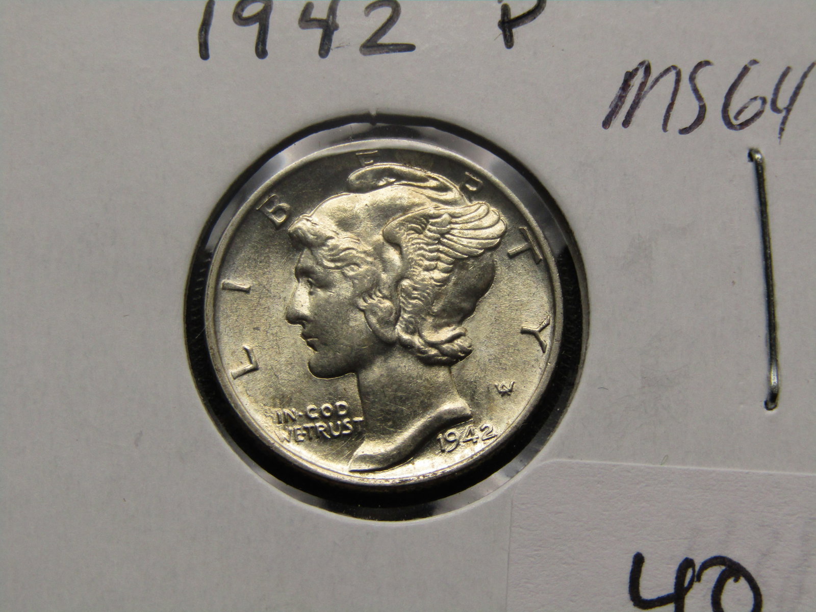 1942 GEM BU Mercury Dime. WWII Era. 90% Silver - Full Split Bands and Diagonals: 1942 GEM BU Mercury Dime. WWII Era. 90% Silver - Full Split Bands and Diagonals