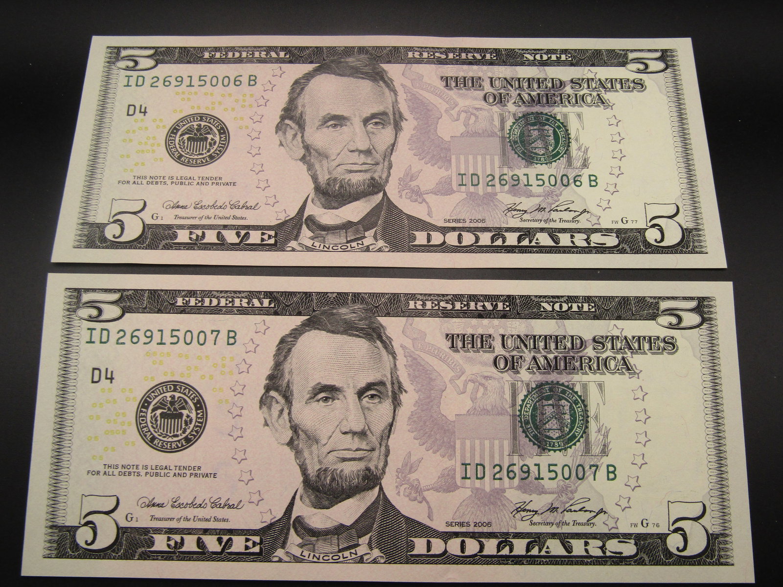 2- CONSECUTIVE SN 2006 Crisp UNC Green Seal $5 Federal Reserve Notes (1 of 4)