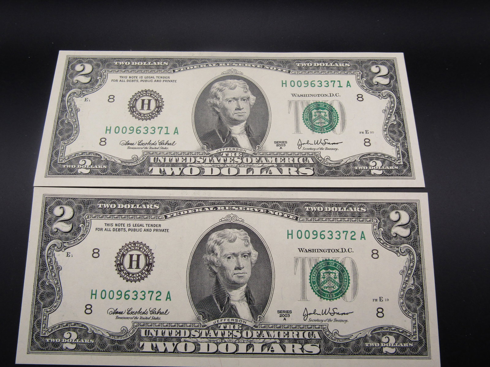 2- CONSECUTIVE SN 2003A Green Seal $2 Federal Reserve Notes- GEM CRISP UNC (1 of 4)