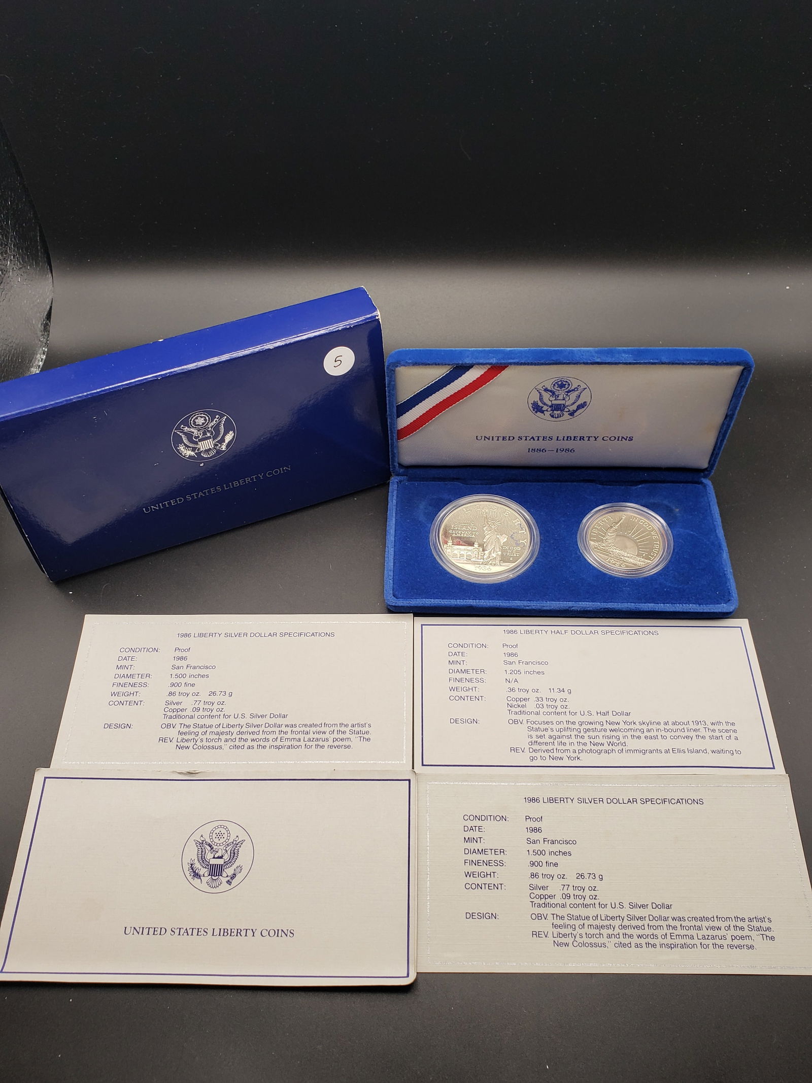 1986-S US Mint Proof Ellis Island Liberty Coin Set, 90% Silver Dollar, Clad Half Dollar, OGP/COA (1 of 7)
