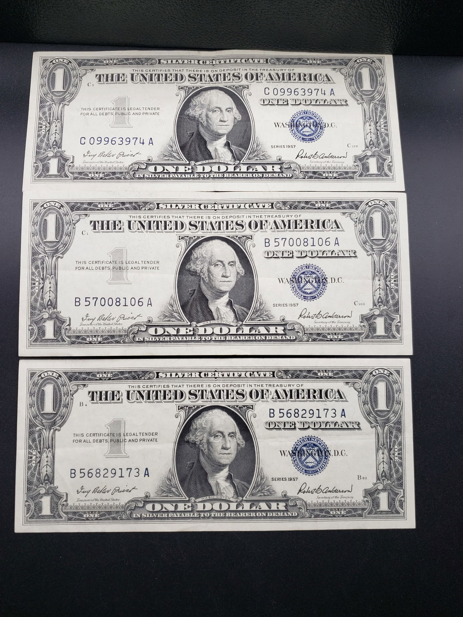 3- 1957 Blue Seal $1 Silver Certificates, CRISP (1 of 4)
