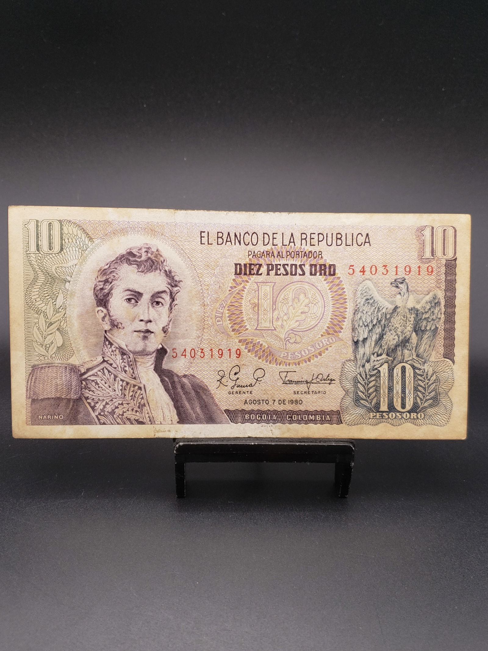 1980 Colombia 10 Peso Bank Note, Tough Find (1 of 4)
