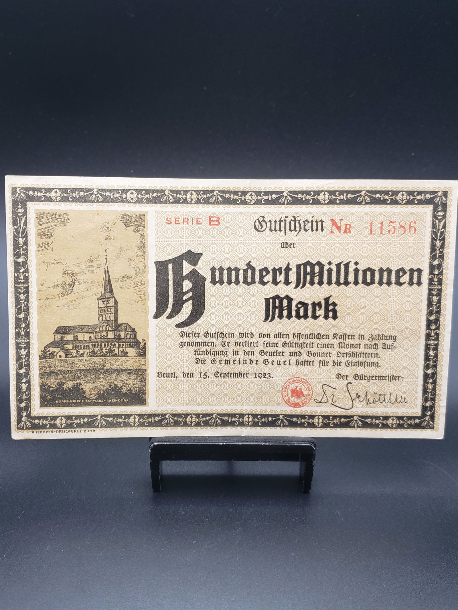 1923 German 100 Million Mark Note; Issued During Hyper Inflation period Post WWI Great Piece of (1 of 4)