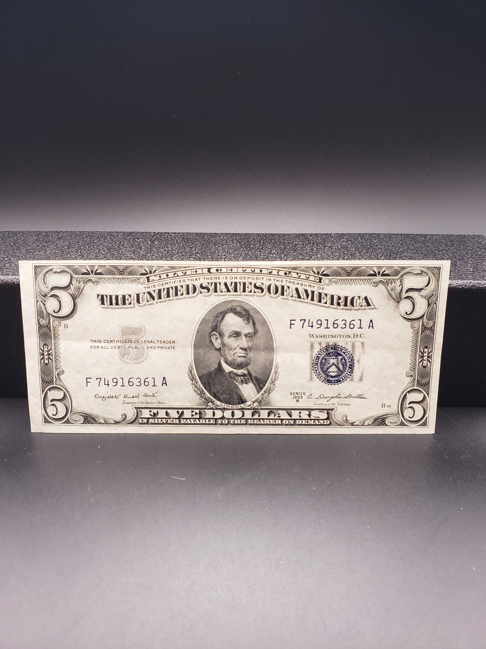 1953-B Blue Seal $5 Silver Certificate, GEM CRISP UNC (1 of 4)