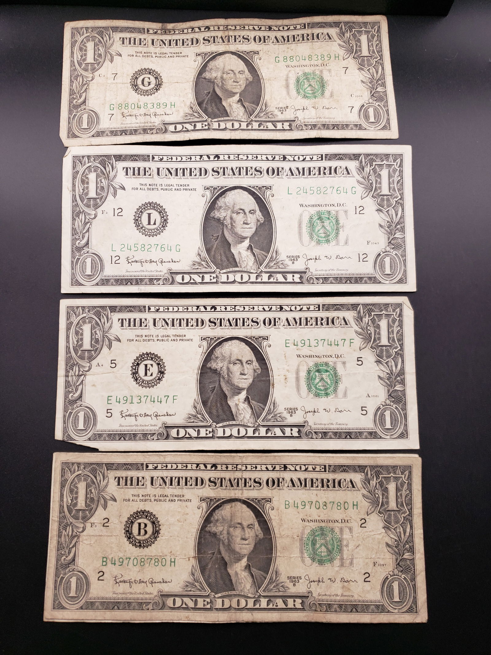 5- 1963-B Green Seal Joseph Barr $1 Notes, Tough (1 of 6)