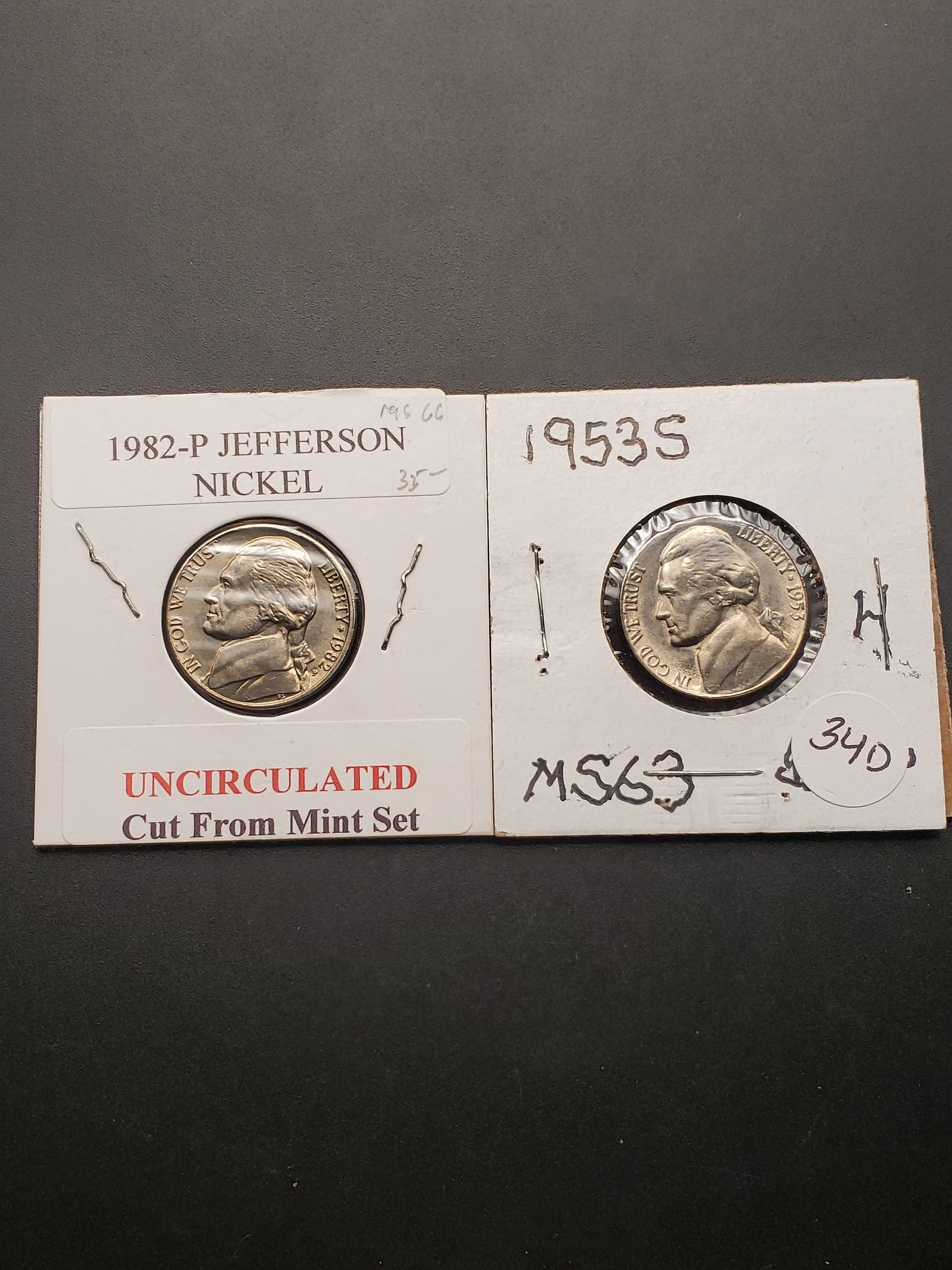 1953-S and 1982-P GEM UNC Jefferson Nickels, Cut From Mint Sets (1 of 4)