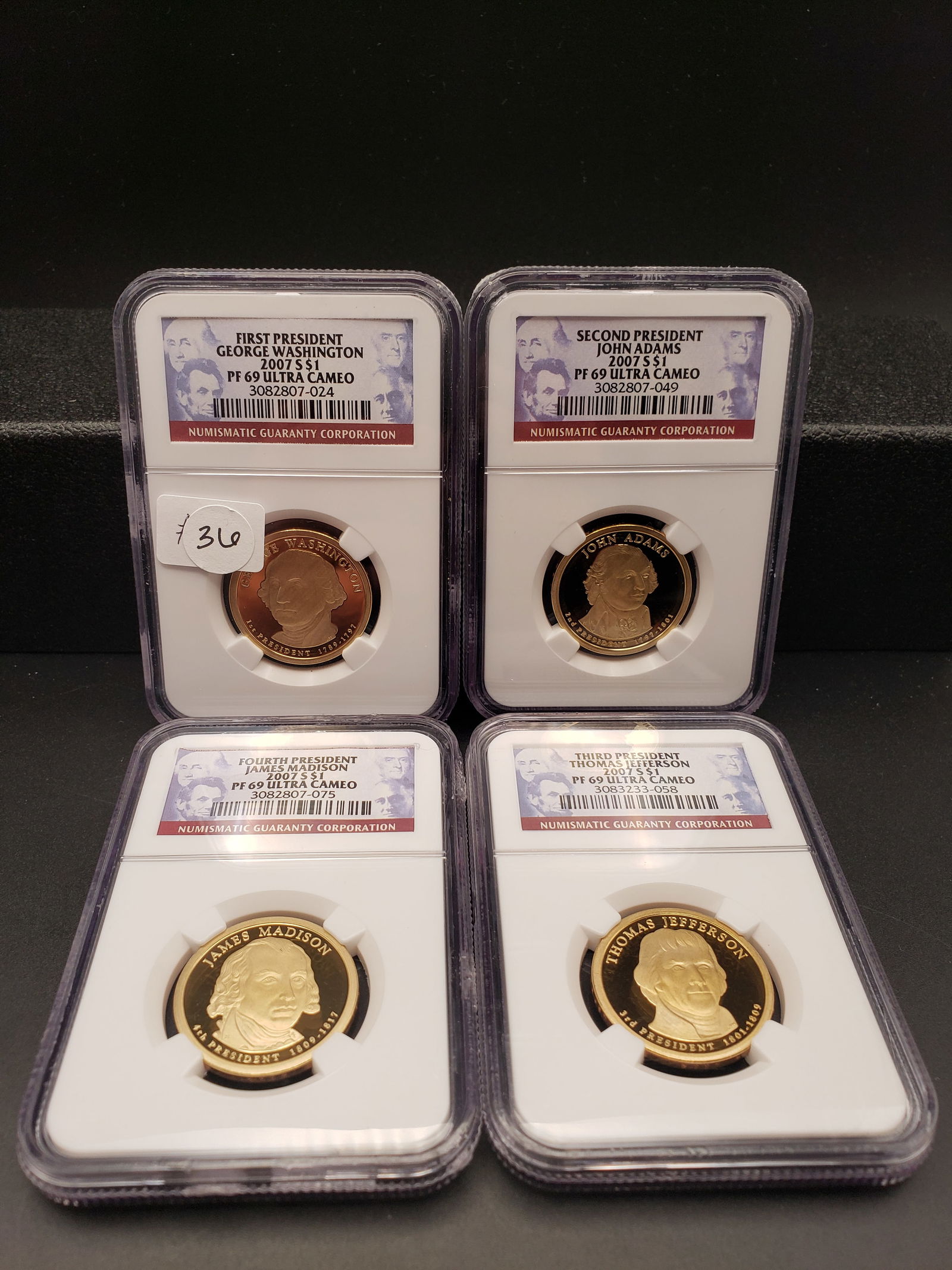 All 4 2007 US Presidential Dollars Graded By NGC PF69 Ultra Cameo; Washington, Adams, Jefferson, (1 of 2)