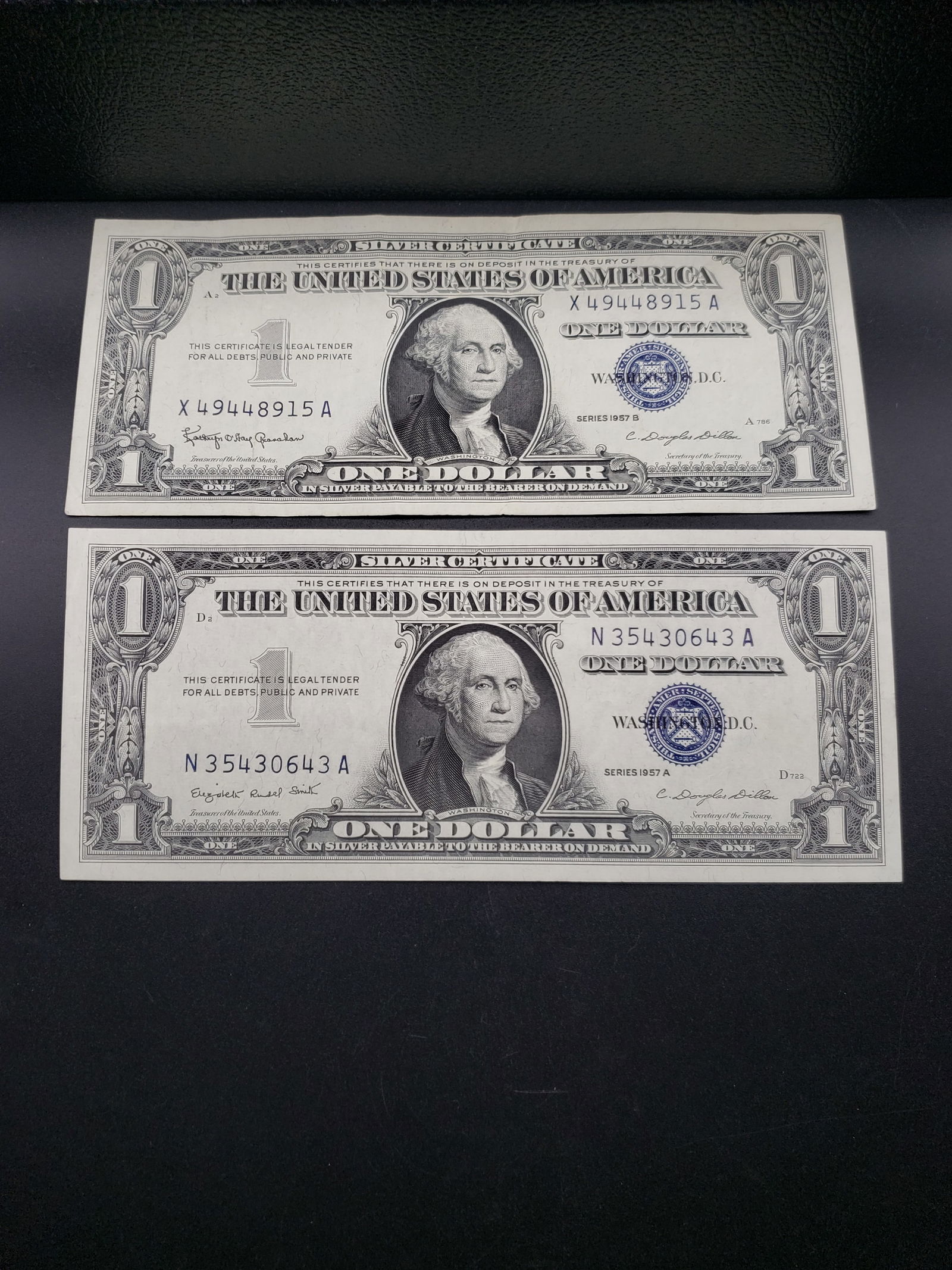 1957-A, 1958-B Blue Seal $1 Silver Certificates, CRISP UNC (1 of 4)