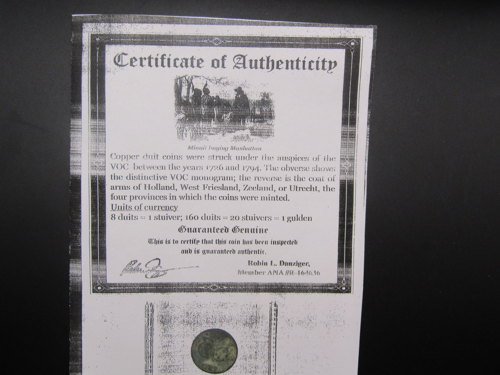 1789 (Rare this High of Grade, COA) Dutch Netherlands Colonial Duit VOC, First New York Penny, 13: 1789 (Rare this High of Grade, COA) Dutch Netherlands Colonial Duit VOC, First New York Penny, 13 Years After the Constitution, 237 Years Old