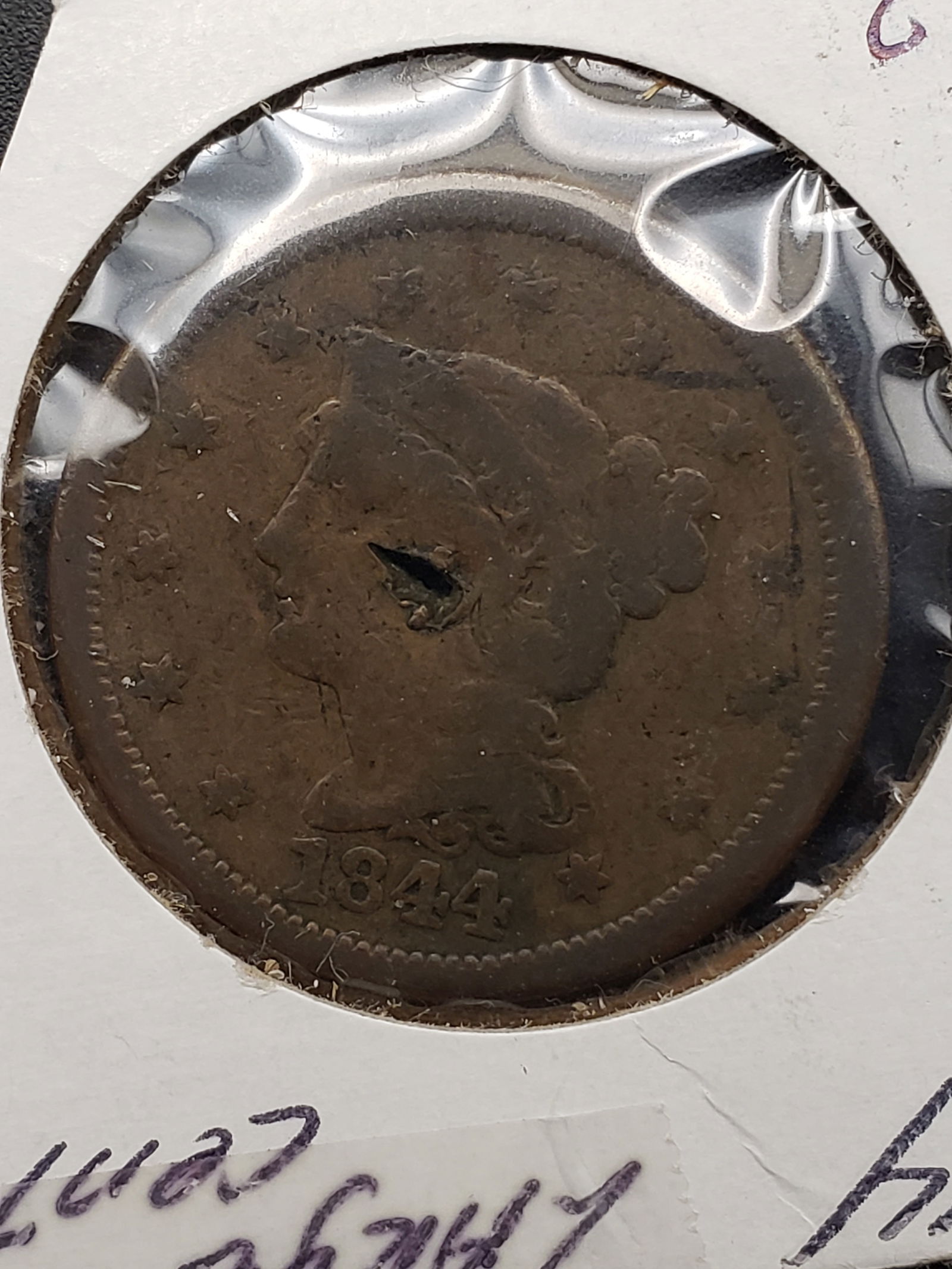 1844 Braided Hair Large Cent, Holed (1 of 2)