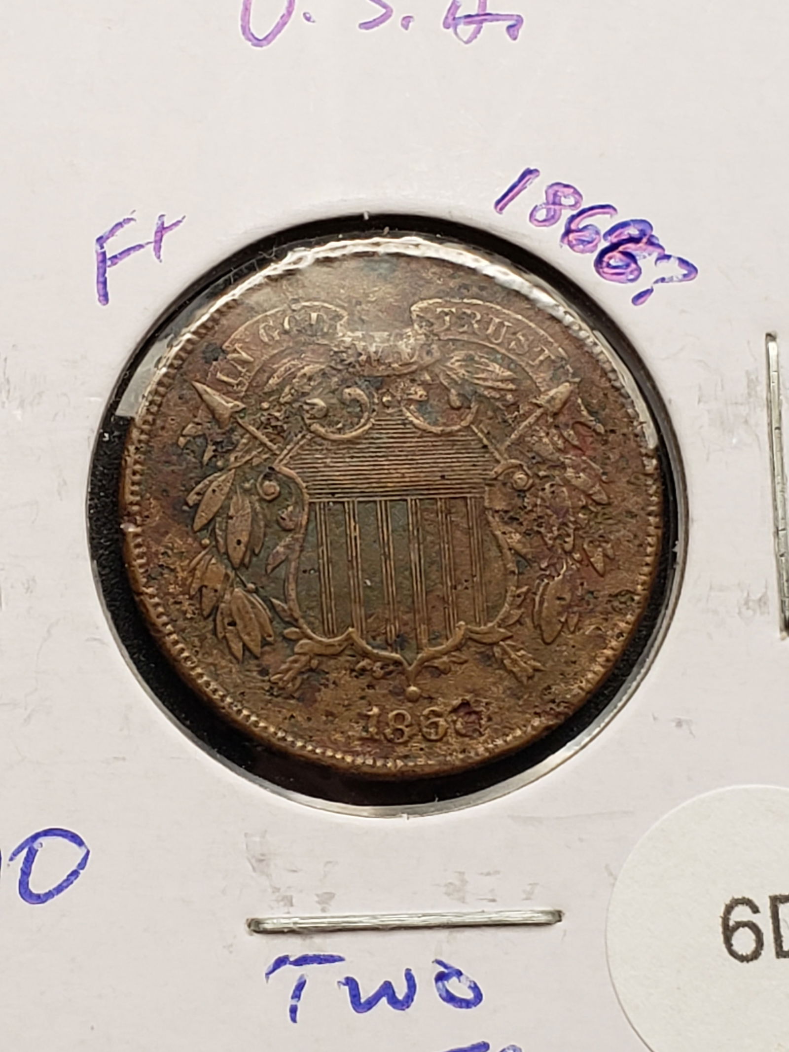 1868 Two Cent Piece - Better Grade! - Full Motto! (1 of 3)