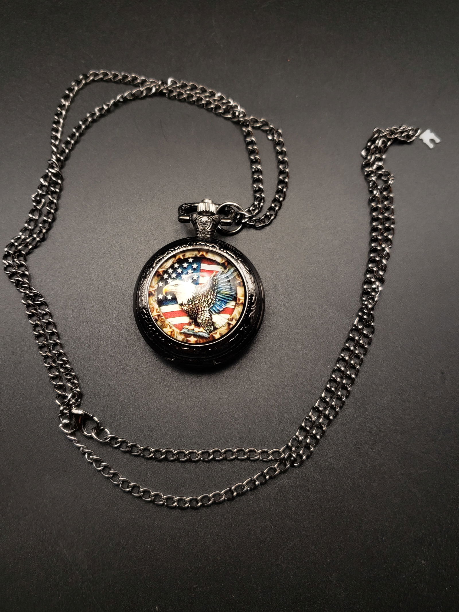 Patriotic American Eagle Pocket Watch w/Chain, Working,: Patriotic American Eagle Pocket Watch w/Chain, Working, Condition Yes, we will ship this item. We offer in-house shipping to help save our customers money. Shipping & handling fees and insurance