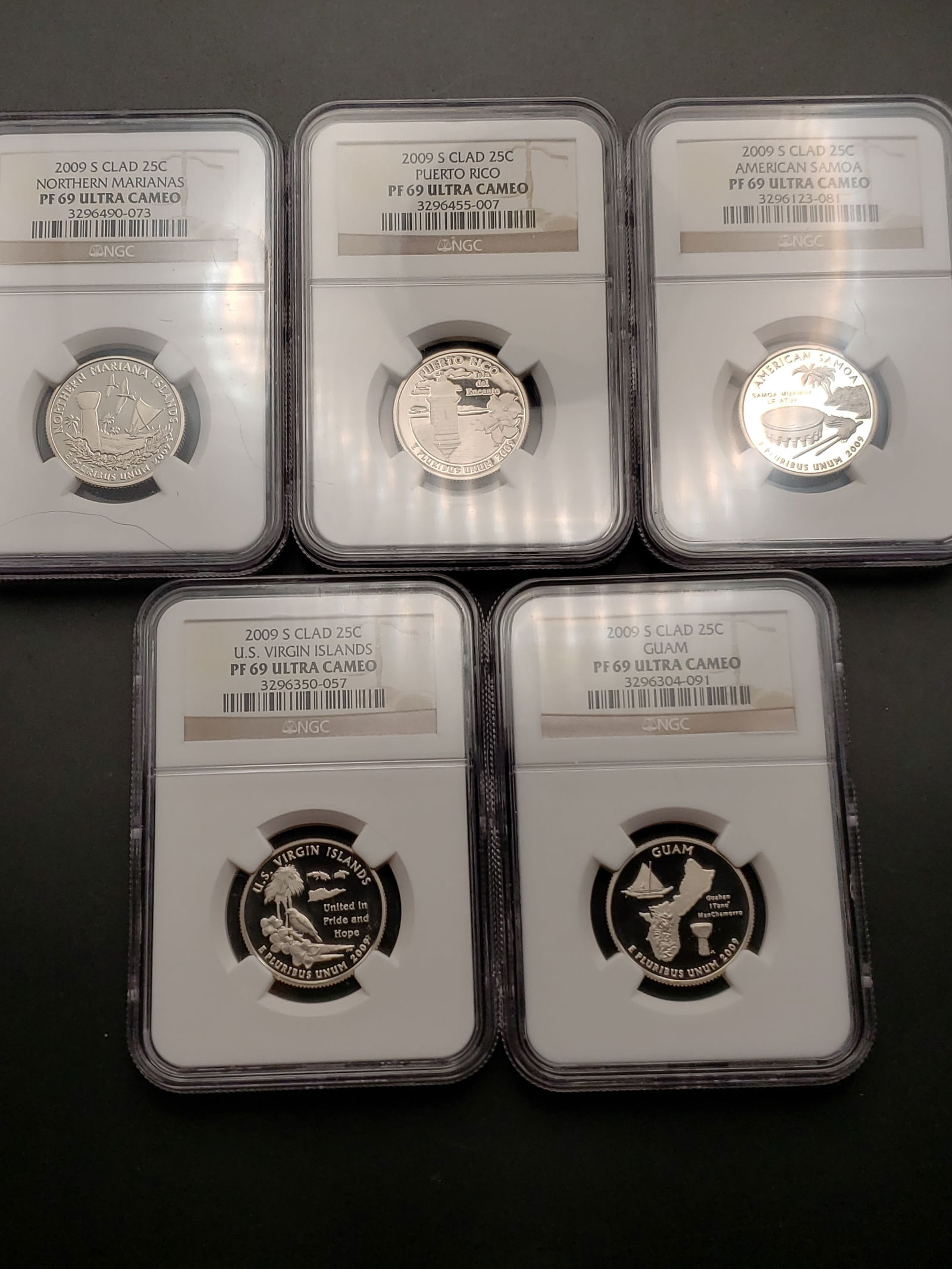 COMPLETE GRADED SET of 2009-S Territory Quarters ALL GRADED PF69 Ultra Cameo by NGC: COMPLETE GRADED SET of 2009-S Territory Quarters ALL GRADED PF69 Ultra Cameo by NGC Condition Yes, we will ship this item. We offer in-house shipping to help save our customers money. Shipping &