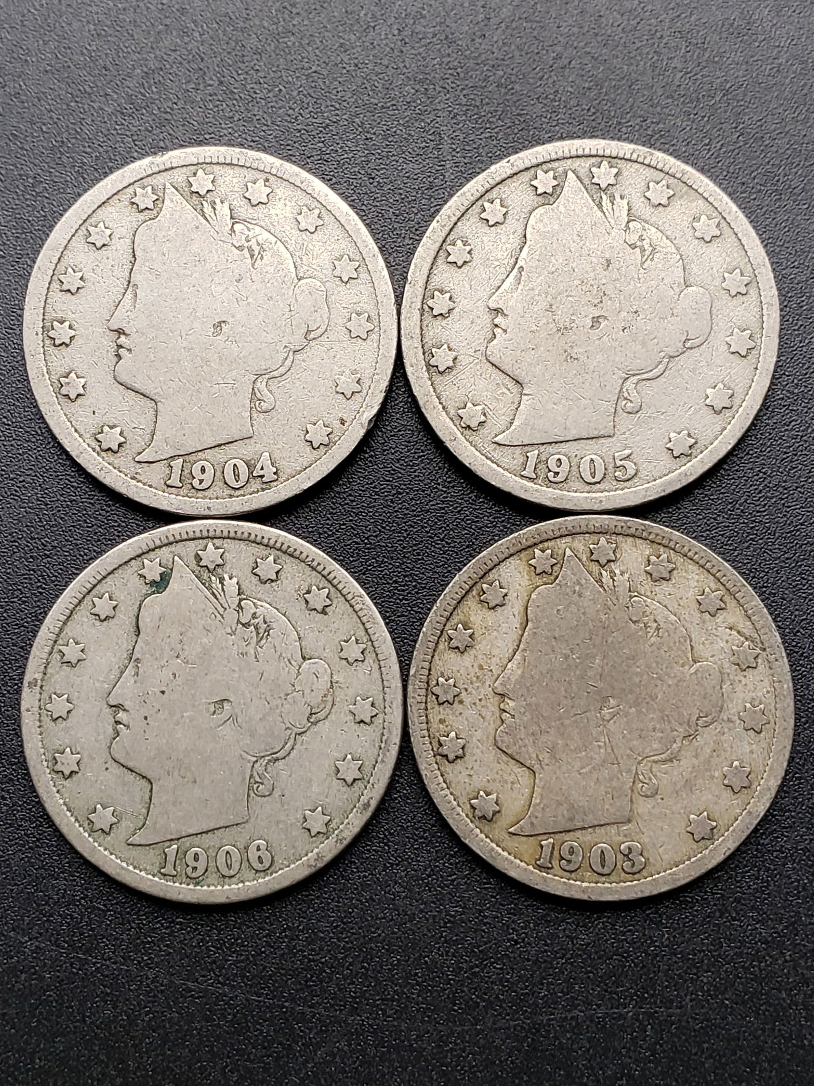 4 Consecutive V nickels (1903, 1904, 1905 & 1906), Over 110 Years Old! (1 of 2)