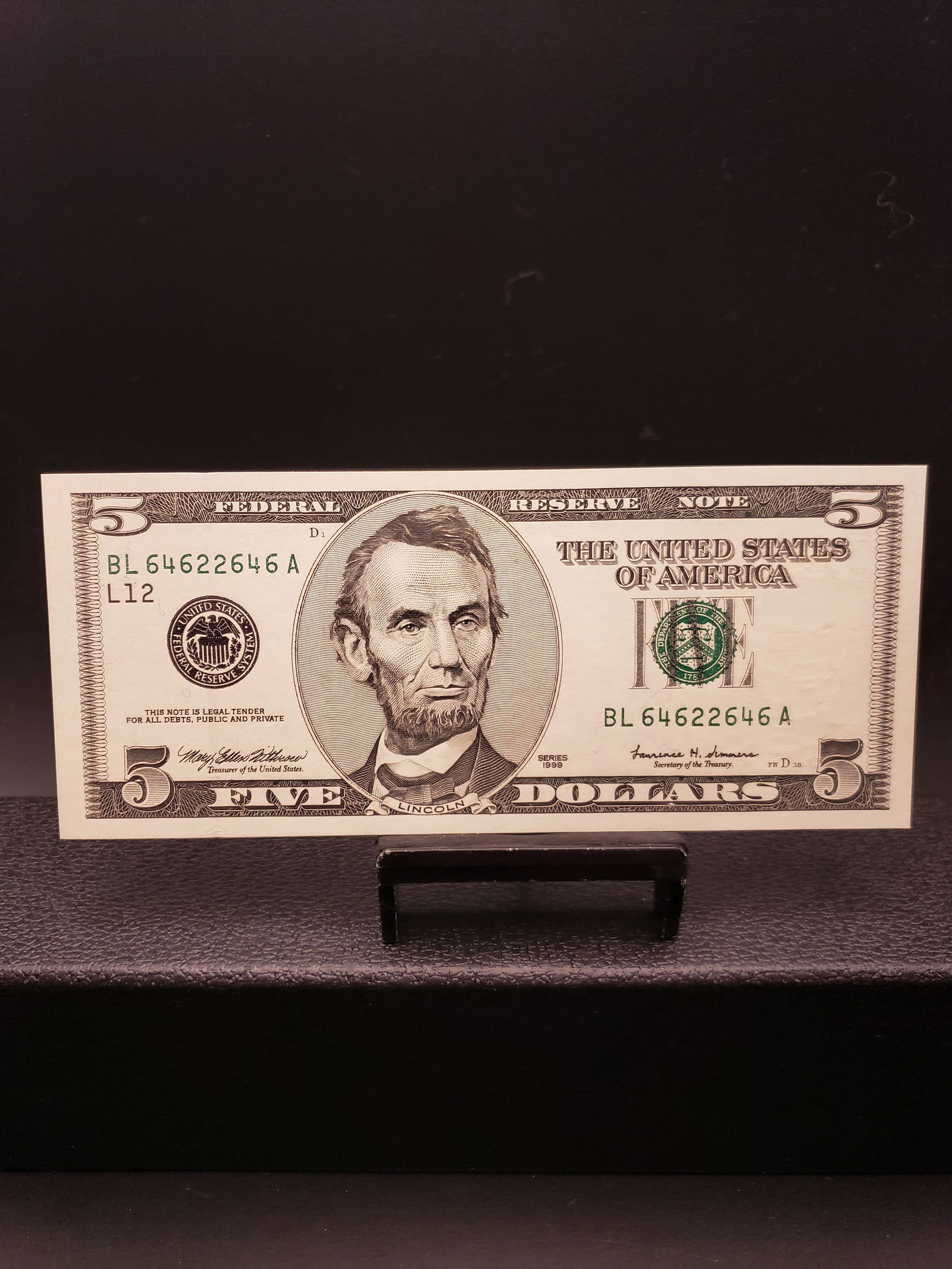 RARE 1999 Green Seal $5 Federal Reserve Note, RADAR NOTE and REPEATER Note SN 64622646 (1 of 4)