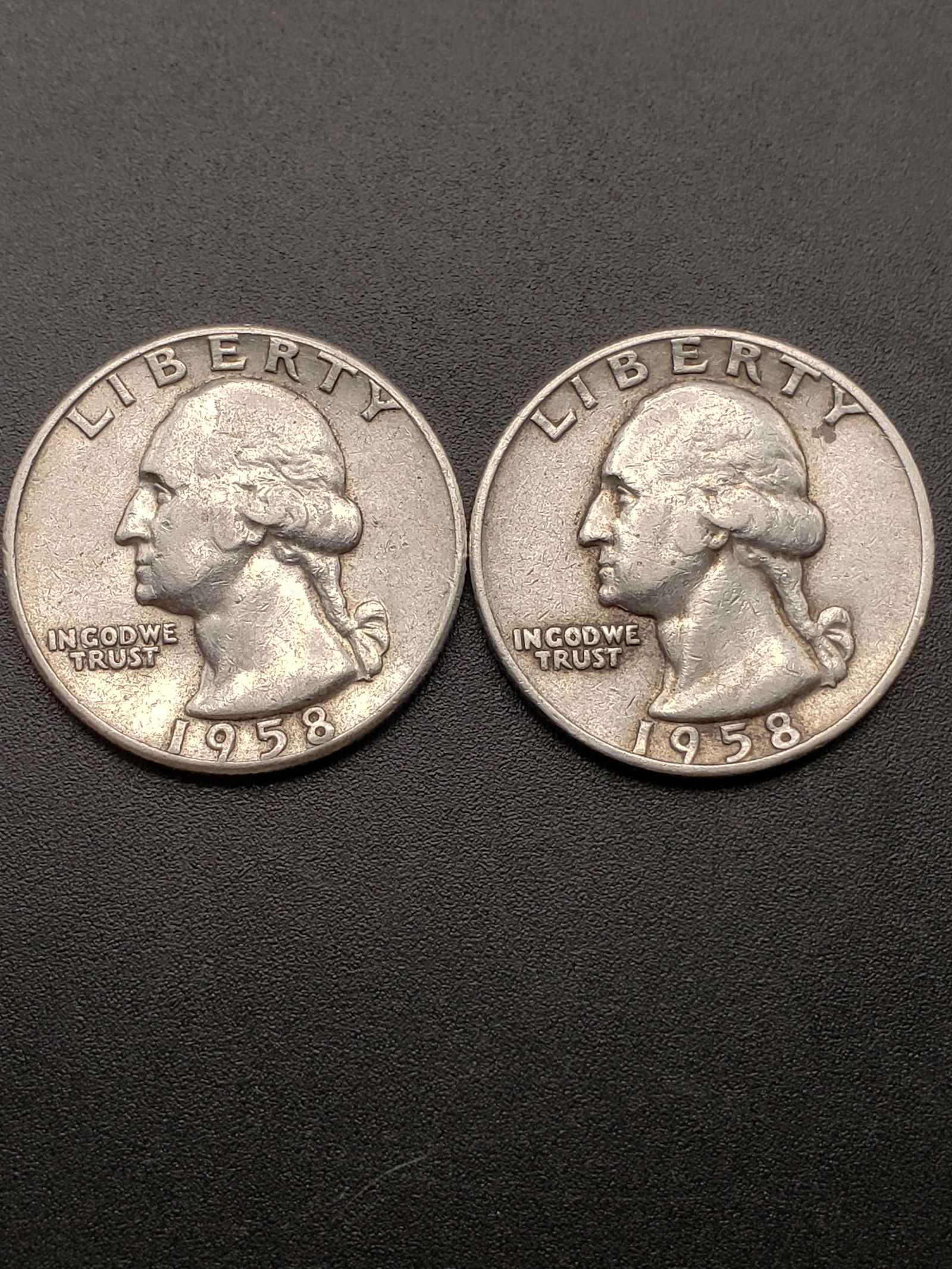 1958 D & 1958 P, 90% Silver, Washington Quarters, 68 Years old (1 of 2)