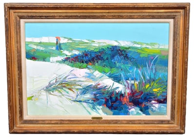 Signed Nicola Simbari (Italian, 1927-2012) Oil on Canvas Painting Titled "Figures on the Dunes"