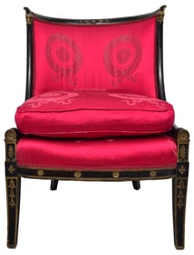 Empire Style Ebonized Silk Upholstered Carved Wood Arm Chair