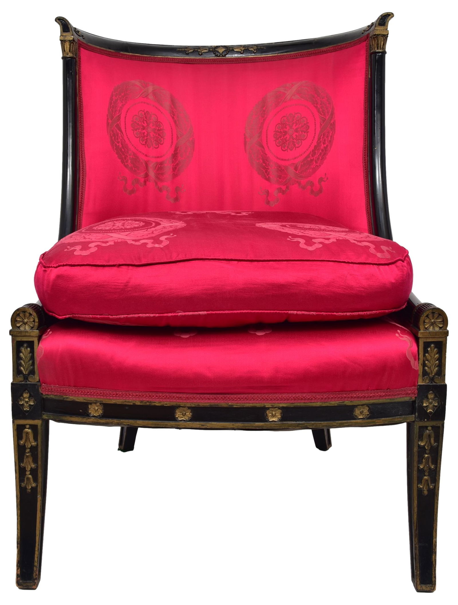 Empire Style Ebonized Silk Upholstered Carved Wood Arm Chair (1 of 16)