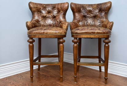 Pair of Century Tufted Leather Carved Wood Bar Stools