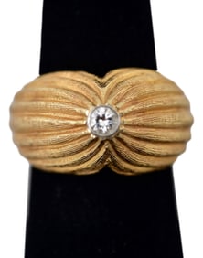 14K Yellow Gold Ribbed Dome Ring with Center Diamond
