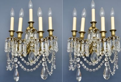 Pair of Five Arm Gilded Bronze Crystal Wall Sconces