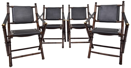 Set of 4 Leather and Faux Bamboo Folding Chairs Attributed to Maison Jansen