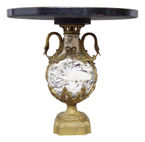 Inlaid Table with Marble Sphere and Brass Swans