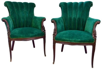 Pair of Emerald Channel Back Velvet Carved Wood Chairs