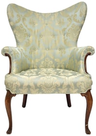 Upholstered Carved Wood Wingback Chair