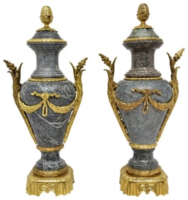 Pair of French Bronze and Marble Cassolettes