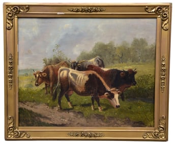 Signed Oil on Canvas Painting Depicting Cows Grazing