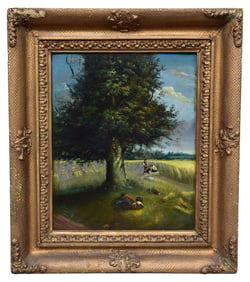 19th Century Oil on Board Landscape Painting Depicting Children At Play