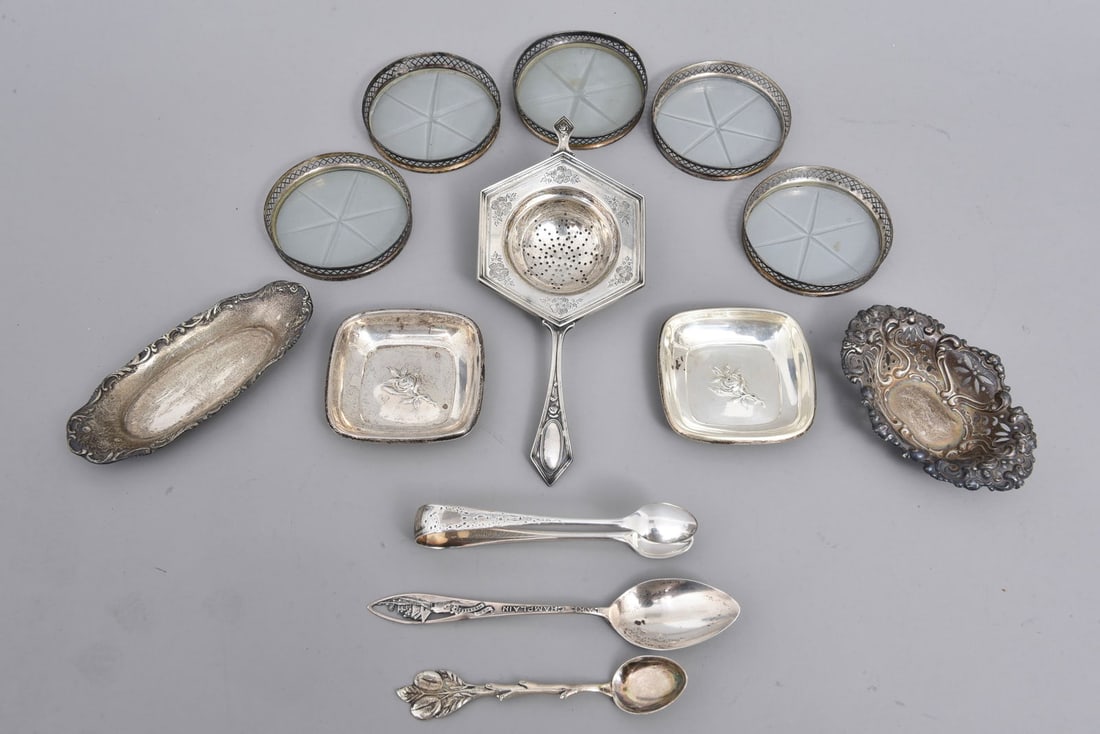 Collection of Sterling Silver: Weight: 5.555 Troy Ou. (Weight of coasters were not added to the total). Strainer measures 6 5/8” x 2 7/8” The Arts Auction House also offers local delivery to Manhattan, Connecticut and W