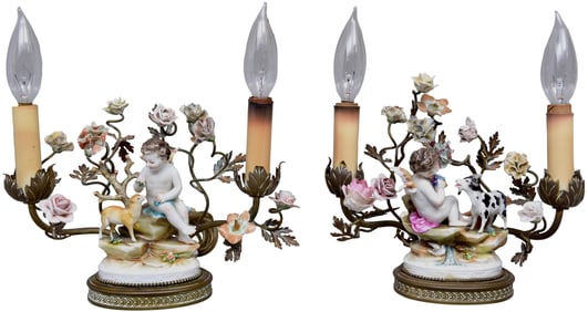 Pair of Dresden Porcelain Figural Table Lamps